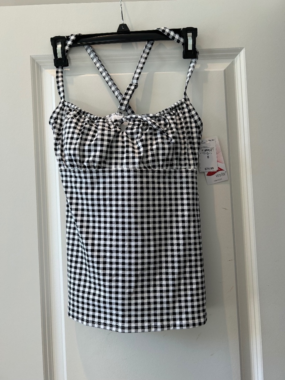 Lands End Tankini Black White Plaid Underwire Tie Front Size 6